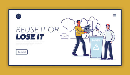 Obraz na płótnie Canvas Recycling, Saving Ecology And Zero Waste Concept. Website Landing Page. People Are Throwing E Waste Into Recycle Bin. Web Page Cartoon Outline Flat Vector Illustration