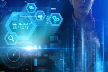 Business, Technology, Internet and network concept. Young businessman working on a virtual screen of the future and sees the inscription: Technical support