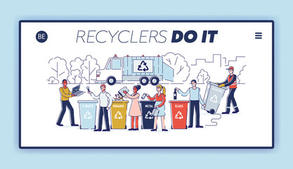 Recycling, Saving Ecology And Zero Waste Concept. Website Landing Page. People Are Sorting Garbage Throwing Trash Into Appropriate Recycle Bins. Web Page Cartoon Outline Flat Vector Illustration