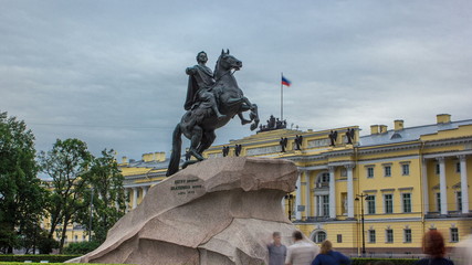 Monument of Russian emperor Peter the Great, known as The Bronze Horseman timelapse , Saint Petersburg , Russia