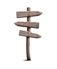 Empty Old Wooden Signpost Isolated on White Background. Left and Right Direction Guidepost Made from Weathered Wood.