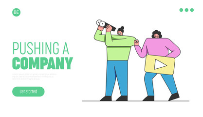 Social Media Marketing Concept. Website Landing Page. Creative People Looking For Ideas And Ways To Promote Content In Social Networks. Web Page Cartoon Outline Linear Flat Vector Illustration