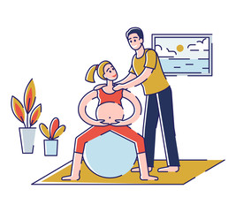 Concept Of Yoga For Pregnant, Sport Fitness Activities. Happy Couple Man and Pregnant Woman Are Visiting Parenting Classes, Exercising In The Gym. Cartoon Outline Linear Flat Vector Illustration