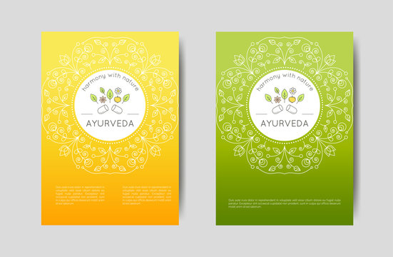 Vector Ayurveda illustration with covers set with text in gradient colors for use as template of presentation, advertisement ayurvedic shop, massage, website, yoga studio, alternative medicine center.