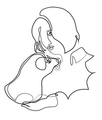 One continuous line drawing of pet lover and dog. Girl embracing her domestic animal.