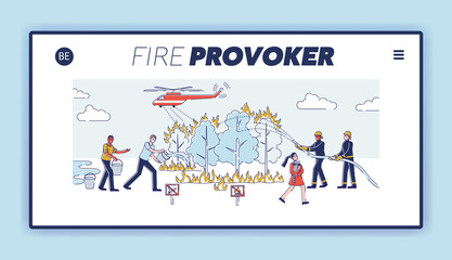 Obraz na płótnie Canvas Firefighters and Volunteers Fighting with Fire in Forest Website Landing Page. Helicopter, People Bring Water in Buckets Pour Burning Plants Web Page Banner. Cartoon Flat Vector Illustration, Line Art