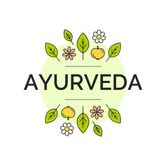 Vector ayurveda illustration with isolated linear leaves, flowers, fruits on a white backdrop for use as logo template of ayurvedic shop, alternative medicine center, natural organic products, massage