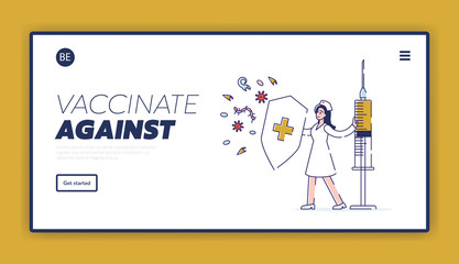 Epidemiology and Vaccination Website Landing Page. Doctor Hold Syringe and Shield with Cross Sign Protecting of Bacteria and Virus Infection Web Page Banner. Cartoon Flat Vector Illustration, Line Art