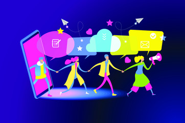 Referral marketing. Promotion method. Refer a friend loyalty program.  Men and women with speech bubbles.