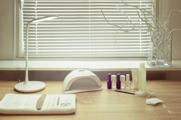 Interior of empty modern nail work place. Work places for masters of manicure