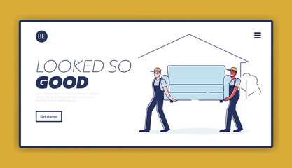 Fototapeta premium Relocation and Moving into New House Website Landing Page. Workers Carry Sofa. Professional Furniture Delivery Company Loader Service Web Page Banner. Cartoon Flat Vector Illustration, Line Art