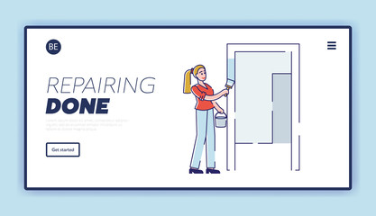 Interior Design and Home Renovation, Room Repair and Remodeling Website Landing Page. Girl with Dye Bucket Coloring Wall with Paint Brush Web Page Banner. Cartoon Flat Vector Illustration, Line Art