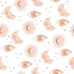 Mystical Seamless pattern with eyes, sunand moon, esoteric and boho objects. Editable Vector Illustration
