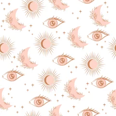 Photo sur Plexiglas Yeux Motif mystique sans couture avec yeux, soleil et lune, objets ésotériques et boho. Illustration vectorielle modifiable