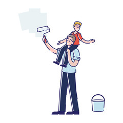 Young Family Make Repair at Home. Father and Little Son Sitting on Shoulders Coloring Wall with Paint Roller Overhaul of House. Renovation of House Interior Cartoon Flat Vector Illustration, Line Art