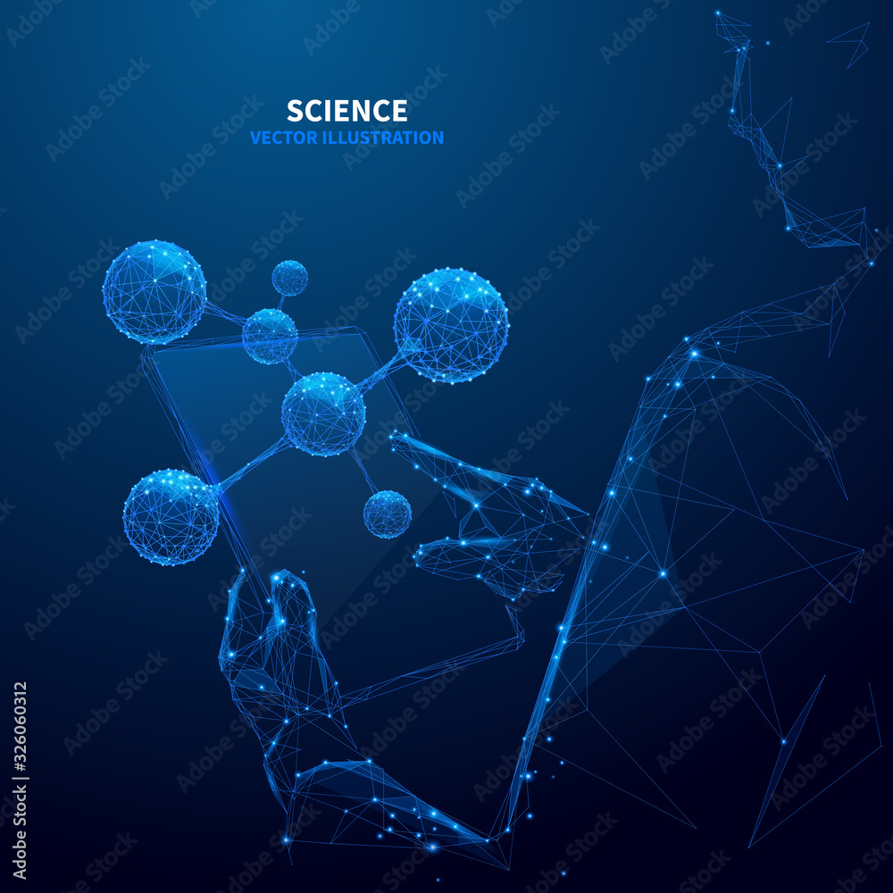 Poster Closeup abstract young scientist touching on the visualization of a molecule model on a PC tablet. physic concept. Low poly wireframe vector illustration. Polygonal technology innovation in medicine.