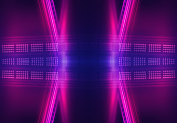 Dark abstract futuristic background. Neon glow, light lines, shapes. UV radiation. Empty Stage Background