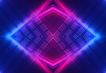 Dark abstract futuristic background. Neon glow, light lines, shapes. UV radiation. Empty Stage Background