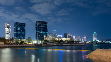 Fototapeta na wymiar Night cityscape at Doha across the bay, Qatar