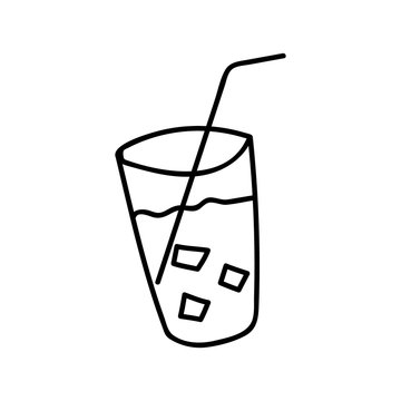 Glass with ice and a plastic tube Doodle illustration.Black and white image with a contour line.Drink with ice.Summer, sun, beach, vacation, party.Vector