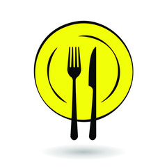 Knife and fork icon. Eating utensil set symbol. Dinner plate sign. Vector illustration