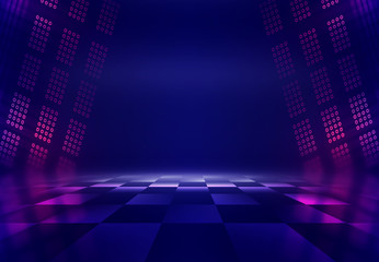 Background empty show scene. Ultraviolet dark abstract background. Geometric neon shapes, neon...