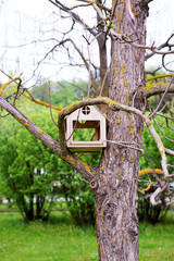 Vertical trunk of old dry tree with handmade wooden birdhouse on a green blurred background of bushes.