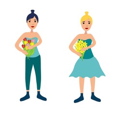 Girls blonde and brunette with bouquets of flowers in hands in a flat style isolated on white background. Stock vector illustration for decoration and design, packaging, Easter, greeting card, poster