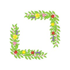 Semi square frame of spring flowers isolated on white background. Stock vector illustration for decoration and design, packaging, Easter, cards, banners, posters, web pages, invitations and more.