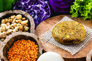 vegan burger without meat. Home made with vegetables, chickpeas, soy and proteins. Vegan life and vegetarian meal concept.