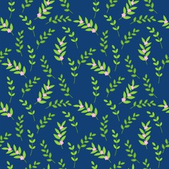 Seamless pattern of green leaves on a blue background. Stock vector illustration for decoration and design, packaging, wallpaper, fabrics, postcards, web pages, wrapping paper and more.