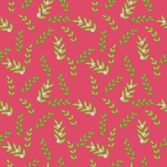 Seamless pattern of green leaves on a pink background. Stock vector illustration for decoration and design, packaging, wallpaper, fabrics, postcards, web pages, wrapping paper and more.