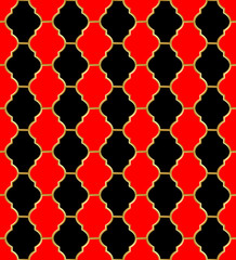 Mesh Harlequin ornament. Golden metallic grid with black and red cells. Abstract seamless pattern for interior decoration, design packaging and textile etc. Vector illustration