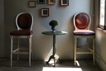 Classic European vintage highchairs decoration for afternoon tea break with retro frames