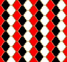 Mesh Harlequin ornament. Golden metallic grid with black, white and red cells. Abstract seamless pattern for interior decoration, design packaging and textile etc. Vector illustration