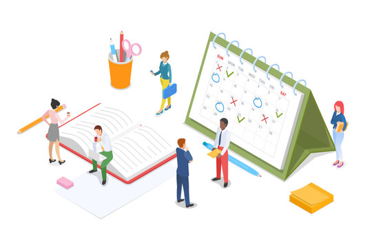 Isometric schedule calendar project timeline deadline vector illustration. People Time management teamwork concept.