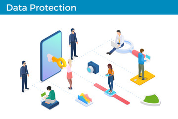 Digital Internet Security Isometric vector illustration concept. Key in Mobile Phone Smartphone with guardians. People standing around.