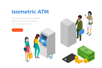 Isometric ATM with People Back and Front view vector illustration
