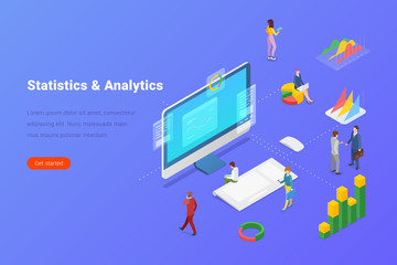 Statistics Analyse Data Information on Computer Desktop isometric flat design vector illustration.