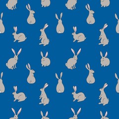Seamless pattern with rabbits on a blue background. Stock vector illustration for decoration and design, packaging, wallpaper, fabrics, postcards, web pages, wrapping paper, Easter, textiles and more
