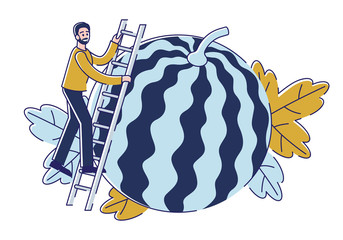 Summer Gardening Concept.Man Is Working In the Field, Doing The Garden Job, Planting, Growing And Harvesting Watermelons.Boy Controls a Plants Quality. Cartoon Linear Outline Flat Vector Illustration