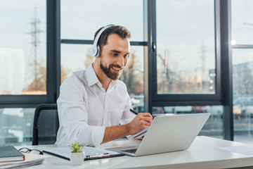 Positive translator working online with headphones and laptop in office