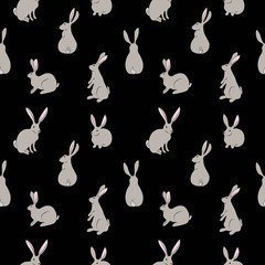 Fototapeta premium Seamless pattern with fashionable rabbits on a black background. Stock vector illustration for decoration and design, packaging, wallpaper, fabrics, postcards, web pages, wrapping paper, Easter