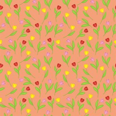 Seamless pattern of spring tulip flowers on a coral background. Stock vector illustration for decoration and design, packaging, wallpaper, fabrics, postcards, web pages, wrapping paper and more.