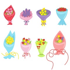 Set of bouquets with spring flowers in a beautiful wrapper isolated on white background. Stock vector illustration for decoration and design, packaging, fabrics, postcards, web pages, Women's Day