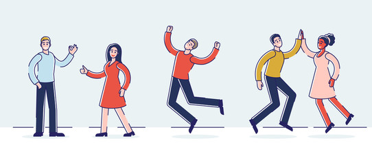 Human Positive Emotions And Happiness Concept.Group Of Happy People Are Expressing Positive Emotions Doing Hand Gestures. They Are Happy And Satisfied. Cartoon Flat Outline Linear Vector Illustration