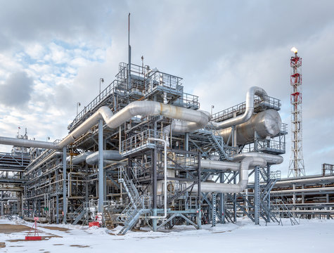 a large, modern petrochemical enterprise in the winter