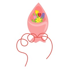 Obraz premium Bouquet with spring flowers in a coral wrapper isolated on a white background. Stock vector illustration for decoration and design, packaging, fabrics, postcards, web pages, Women's Day, poster
