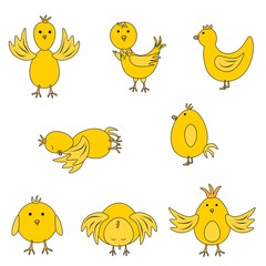 Set of cute chickens in a flat style on a white background. Stock vector illustration for decoration and design, children's books and coloring books, fabrics, cards, Easter, children's textiles