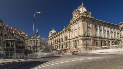View of the Almeida Garret Square with the Sao Bento railway station and Congregados Church at the back timelapse .